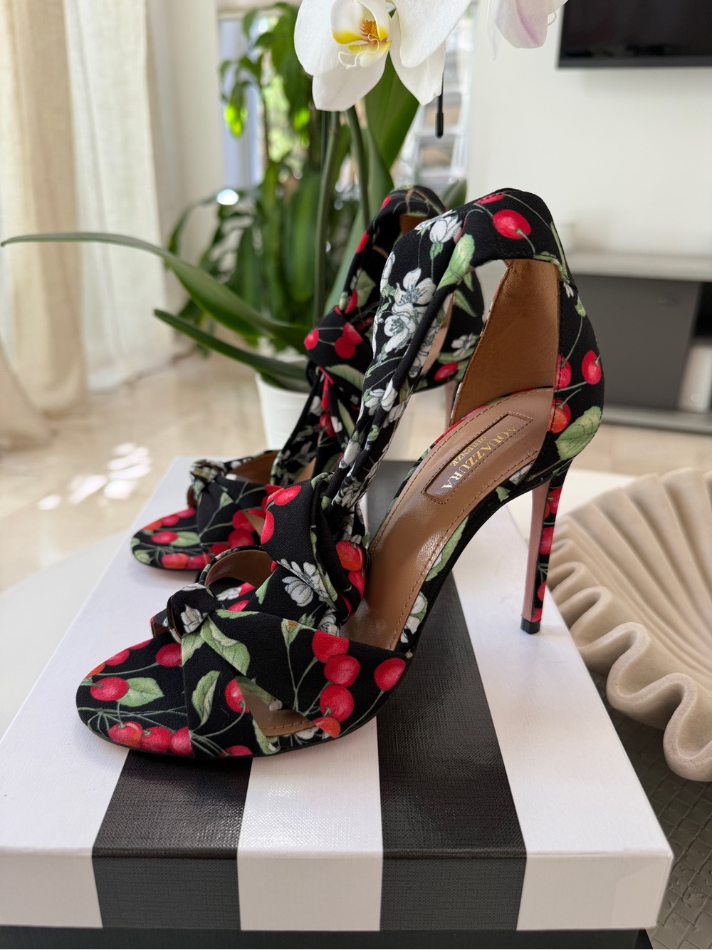 Aquazzura All Tied Up 105 Cherry Blossom Print Black Red Heels Sandlas size 36
